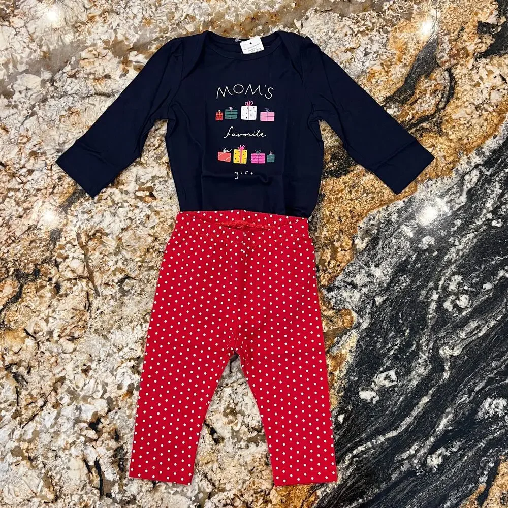 **NWT GAP Baby Red & Navy W/Christmas Graphic Bodysuit & Red Leggings -
